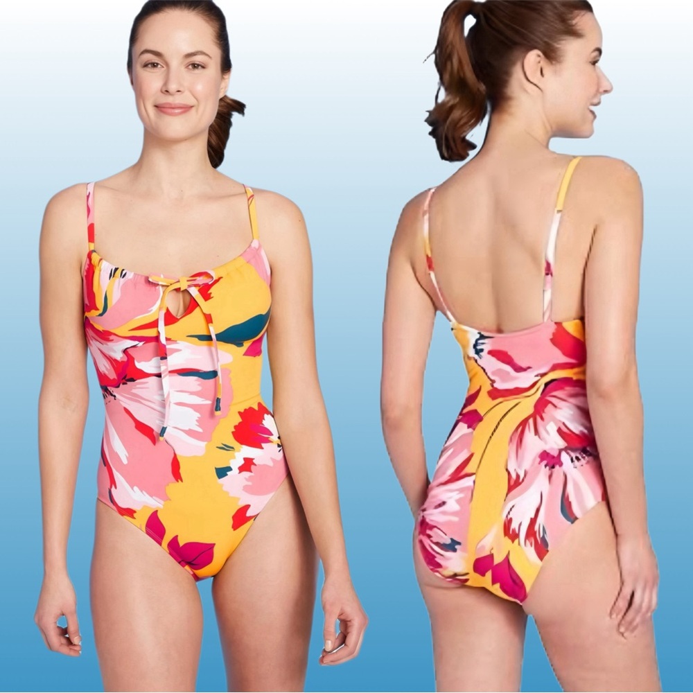 Kona Sol NWOT Yellow Floral Tie Front One Piece Swimsuit Medium